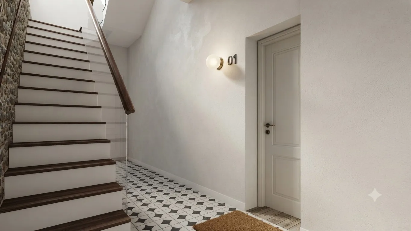 Escalera interior con huellas de madera y pavimento geométrico