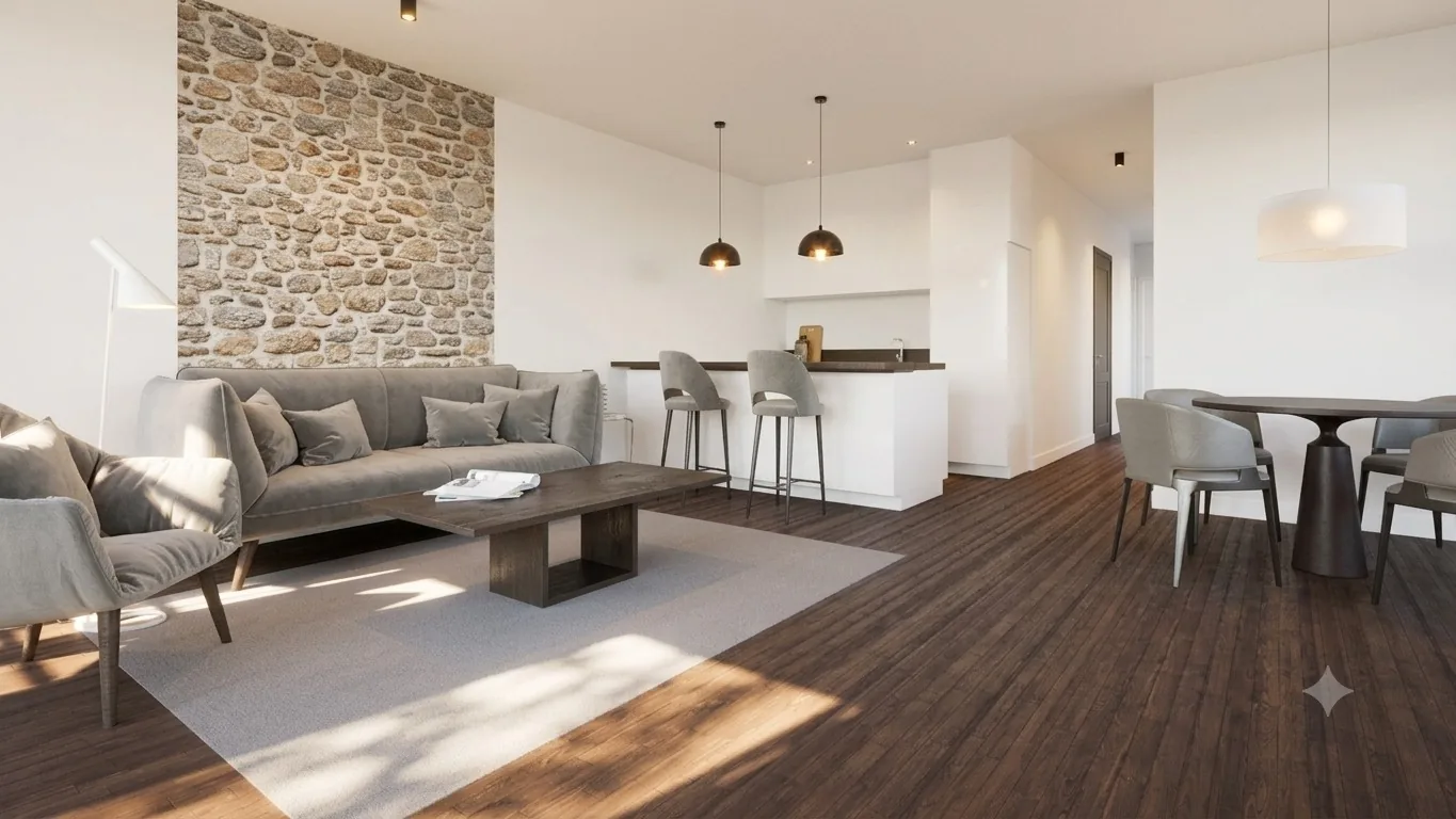 Zona de estar y cocina abierta con acabados de madera