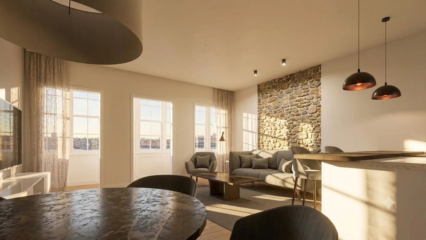 Espacio de salón y comedor con luz natural y revestimiento de piedra